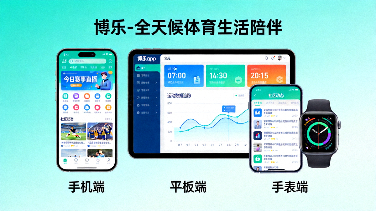博乐app平台界面在多种设备上展示，体现全天候体育生活陪伴概念